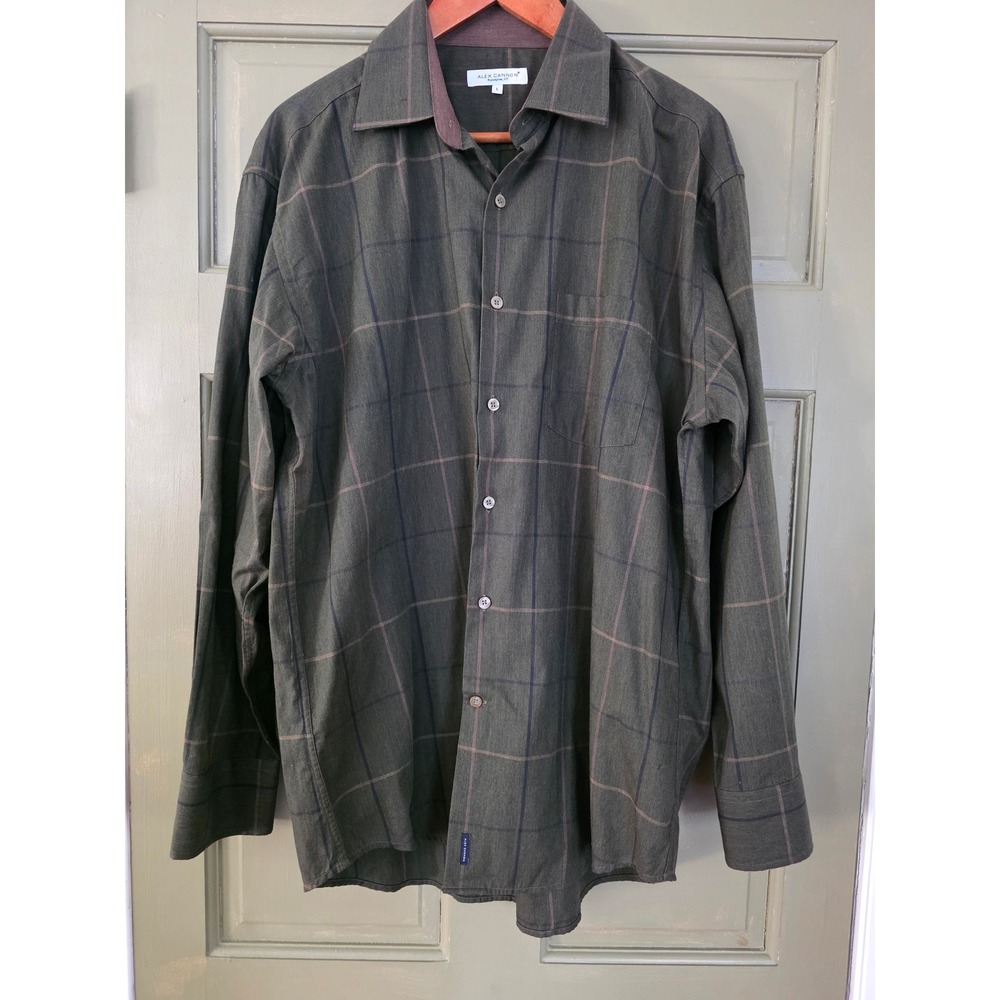 Alex Cannon Mens Large Olive Green Plaid Herringbone Cotton Button Down Shirt